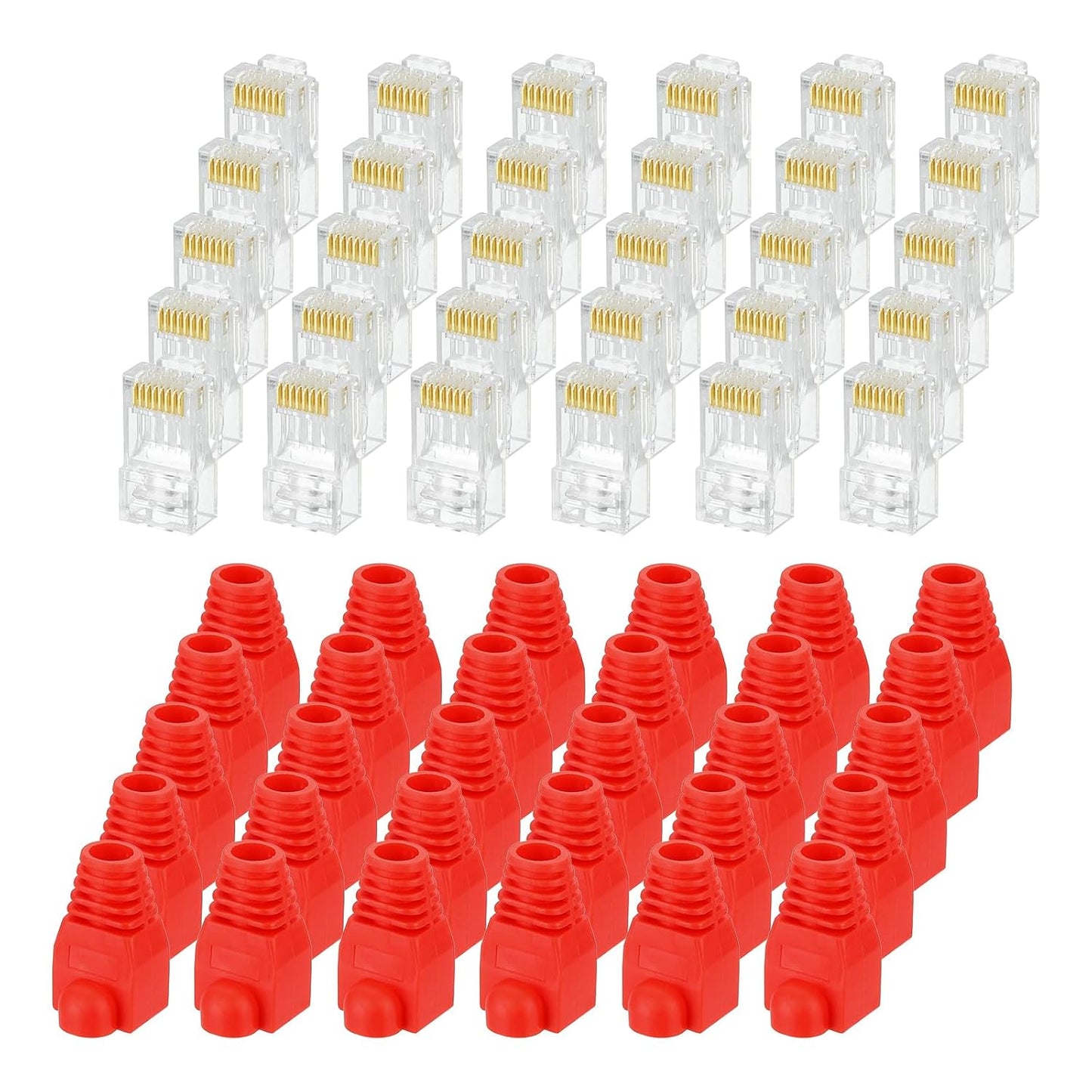 MECCANIXITY 100pcs Cat6 RJ45 Pass Through Connectors, RJ45 Connector 8P8C Gold Plated Plugs with 100pcs Red Strain Relief Boots for Solid or Stranded UTP Ethernet Cable, 1.1mm