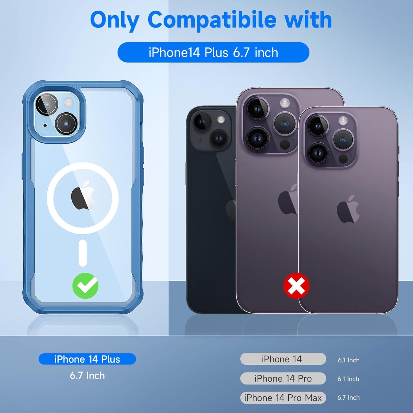 seacosmo for iPhone 14 Plus Case, Full Body Bumper with Built-in 9H Tempered Glass Privacy Screen and Camera Lens Protector, Compatible with MagSafe, Shockproof 14 Plus Phone Case, 6.7", Blue