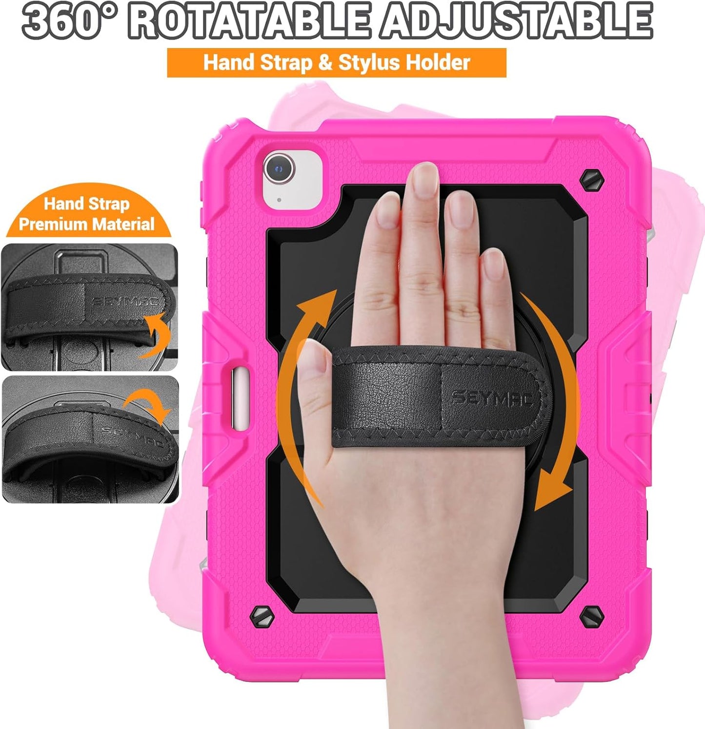 SEYMAC for iPad Air 5th/ 4th Generation Case 10.9 Inch, Full-Body Shockproof Protective Case with Screen Protector, Rotating Stand/Handle/Shoulder Strap for iPad Air 5/ Air 4, Black/Pink