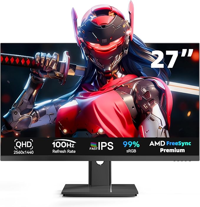 27 Inch QHD 2560x1440 IPS Computer Monitor, 100Hz, 2k Gaming Monitor, FreeSync, HDR10,HDMI,DP, USB VESA (100 x 100mm)