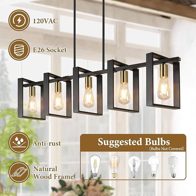 5-Light Black Gold Dining Room Light Fixture, 53’’ Farmhouse Wood Chandelier Kitchen Island Lighting Over Table, Modern Black Rectangular Hanging Pendant Light Fixture for Living Room, E26 Sockets