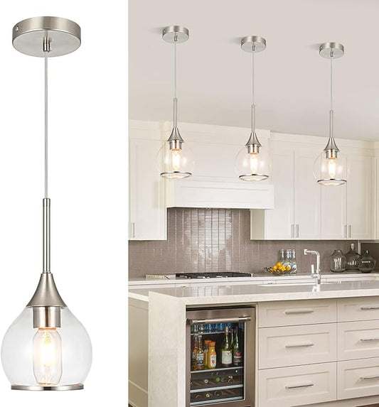 1-Piece Island Light for Kitchen, 1-Light Brushed Nickel Kitchen Island Hanging Pendant Light, Brushed Nickel Dining Room Light Fixture Over Table with Clear Round Glass Shade