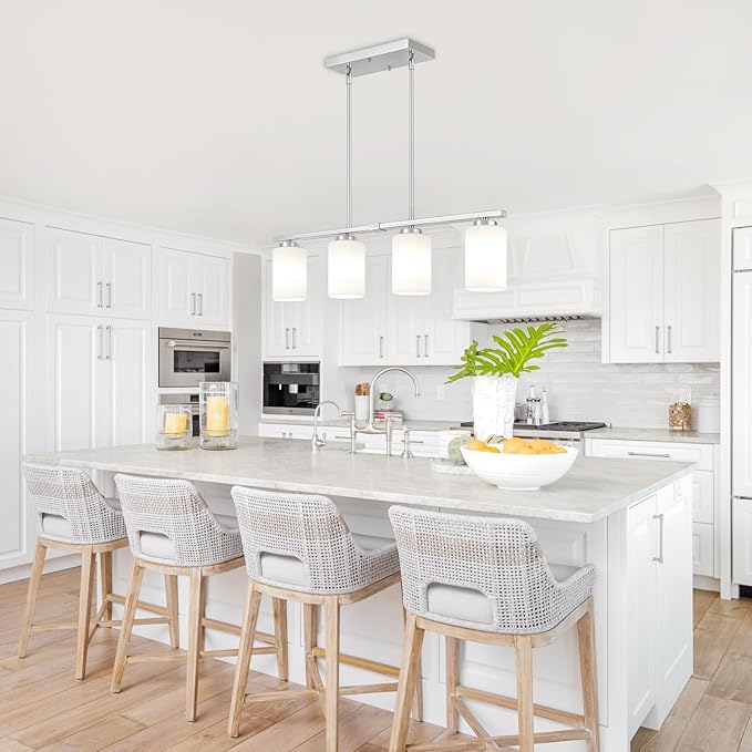 4-Light Kitchen Island Lighting, Brushed Nickel Dining Room Light Fixtures Over Table, Modern Farmhouse Chandeliers with Milky Glass Shade Pendant Light for Dining Room Kitchen Island