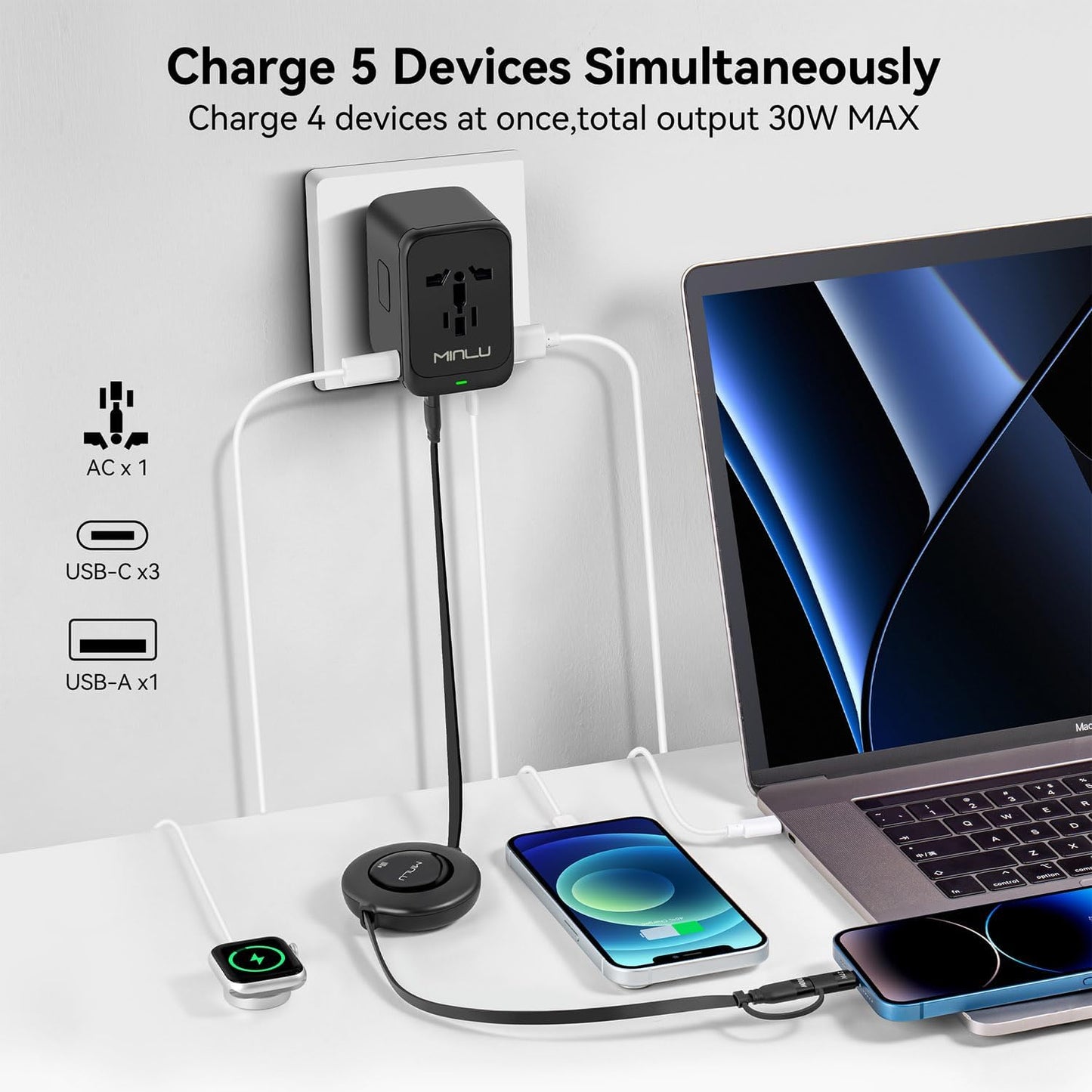 Universal Travel Multi Adapter, PD 65W Worldwide Travel Charger with 100W 3-in-1 Multi Cable/1 USB-A/3 USB-C Fast Charging, All in One Outlet Adapter for iPhone,Laptops,Type USA/EU/UK/AUS