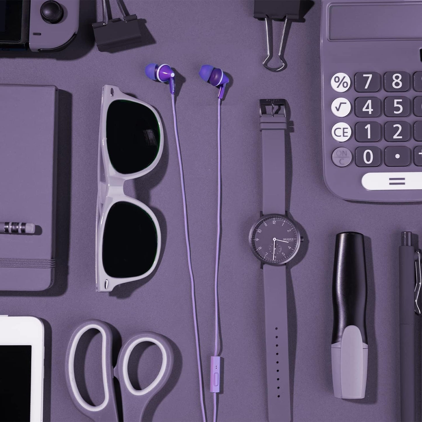 Panasonic ErgoFit Wired Earbuds With Microphone, 3.5mm Jack Wired Headphones with Mic and Call Controller, Ergonomic Custom-Fit Earpieces (S/M/L), for Phones and Laptops - RP-TCM125-V (Purple)