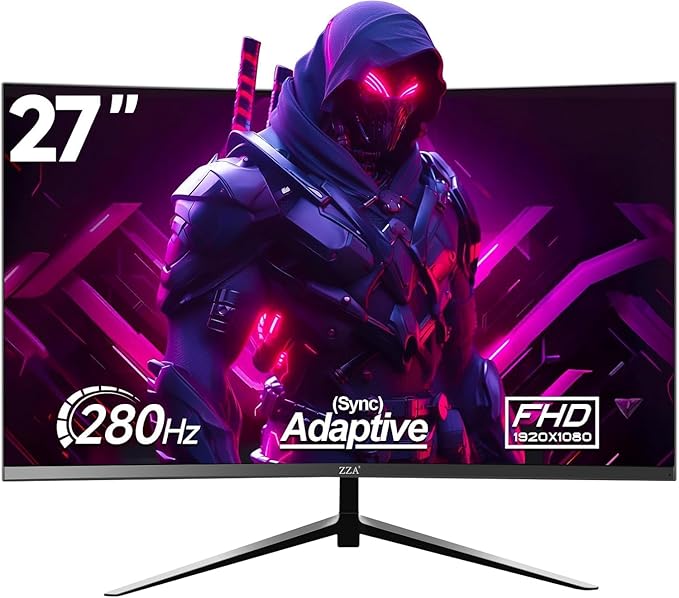 ZZA Monitor 27 inch 280Hz|240Hz,Monitor Gaming FHD 1080P, 1800R VA Screen, Curve Computer Monitor 100% sRGB, 4000:1 Contrast, HDR, FreeSync,1Ms, Low Blue Light, HDMI DP Ports, DP Cable Incl
