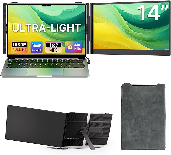 14" Laptop Screen Extender - Ultra Light 1.31lbs FHD 1080P IPS Portable Monitor for Laptops, Attachment Plug & Play Travel Dual Extra Display for 13"-17" Windows/Mac