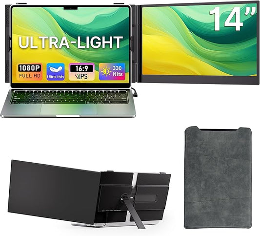 14" Laptop Screen Extender - Ultra Light 1.31lbs FHD 1080P IPS Portable Monitor for Laptops, Attachment Plug & Play Travel Dual Extra Display for 13"-17" Windows/Mac