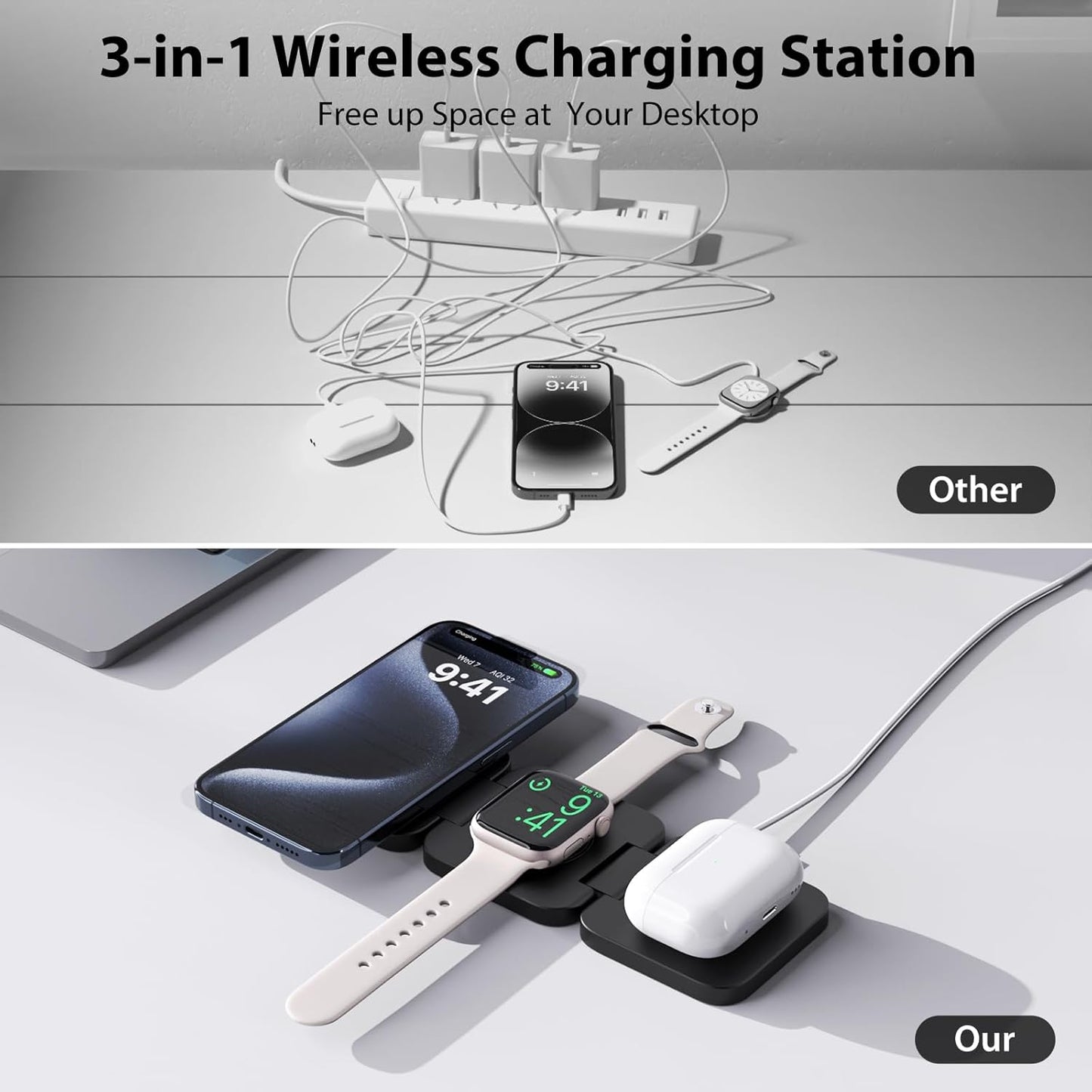 Fast Wireless Charger, Magnetic Foldable 3 in 1 Charging Station for iPhone 16/15/14/13/12/Pro/Plus/Pro Max, 5W Portable Charger for Apple Watch10/9/8/7/6/5/4/3/SE, for Airpods3/2/Pro-Black