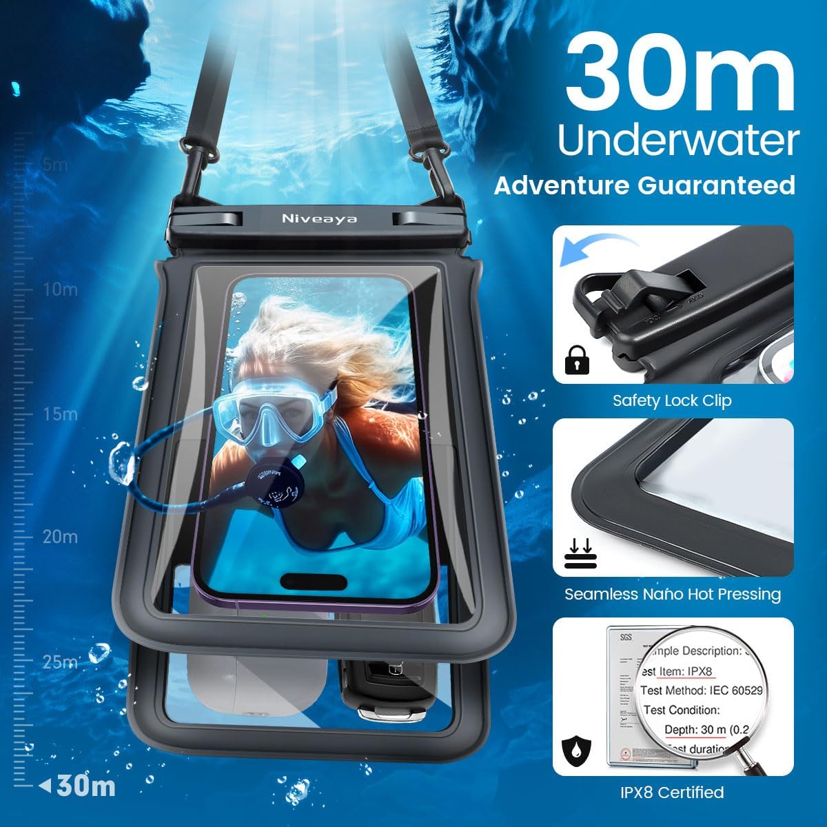 Niveaya Double Space Waterproof Phone Pouch - 2 Pack, Waterproof Phone Lanyard Case with iPhone 16/15/14/13/12 Pro Max up to 8.3", Phone Dry Bag for Vacation Beach Pool Kayak Cruise Travel Essentials