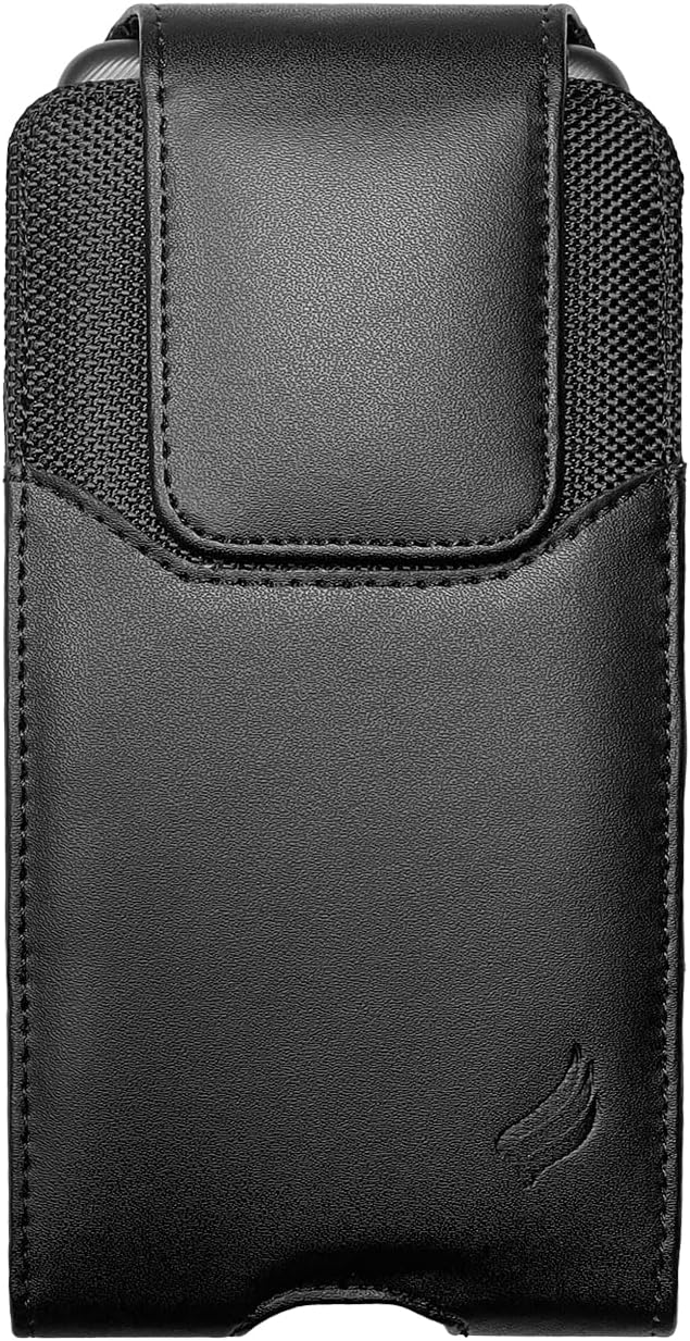 Leather Cellphone Holster for iPhone 12/13/14/15 Pro Max/Plus, Samsung Galaxy A04S A13 A14 A15 S22 S23 S24 Plus, TCL 40 XE XL - Vertical Case Waist Carrying Pouch with Belt Clip/Loops, Black