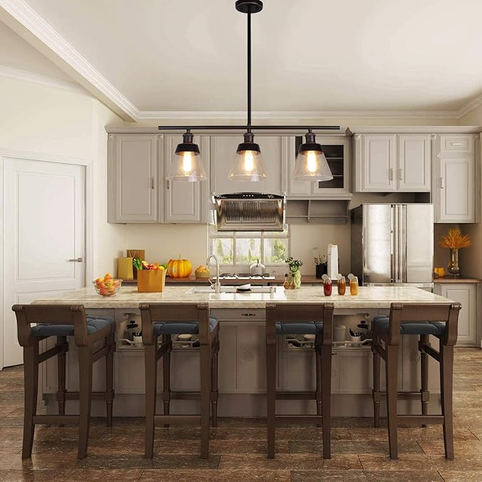 Rustic Glass Kitchen Island Lighting, Clear Seeded Glass Linear Chandelier, 3 Lights Adjustable Rod Industrial Pendant Light Fixture for Kitchen Island Dining Room Farmhouse, Oil Rubbed Bronze