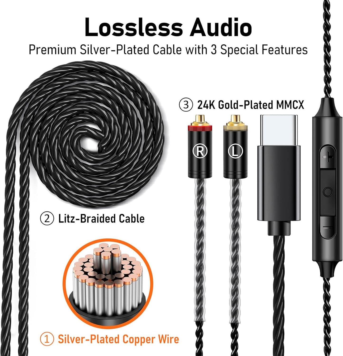 Vibes 202MC USB-C Wired Earbuds - HiFi in Ear Headphones - USBC for iPhone 16/15 - Noise-Isolating Ear Buds w/ Mic - Clear Sound, Deep Bass & Comfort-Fit Earphones - Silver Plated Cord, Carrying Case