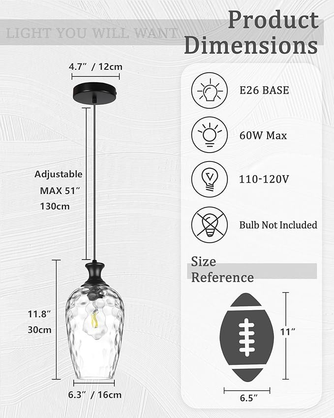 2-Pack Black Pendant Lights Kitchen Island, Modern Farmhouse Hanging Ceiling Lights with Hammered Glass for Dining Room Kitchen Sink