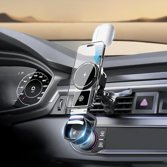 3 in 1 Wireless Car Charger, 15W Fast Charging Phone Holder Foldable Magnetic Mount Fit for All iPhone Android Phone, iWatch, Airpods Wireless Earphone