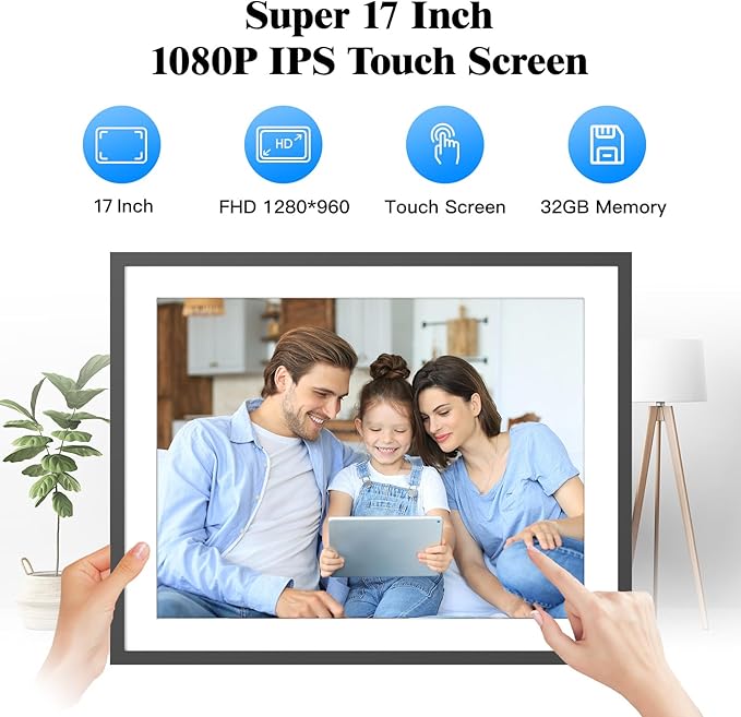 Large 32GB Digital Photo Frame - Dual-WiFi Smart Digital Photo Frame IPS Touch Display, 17-inch Electronic Digital Photo Frame, Auto-Rotate, Easy to Share Photo Video via App Email, Mom