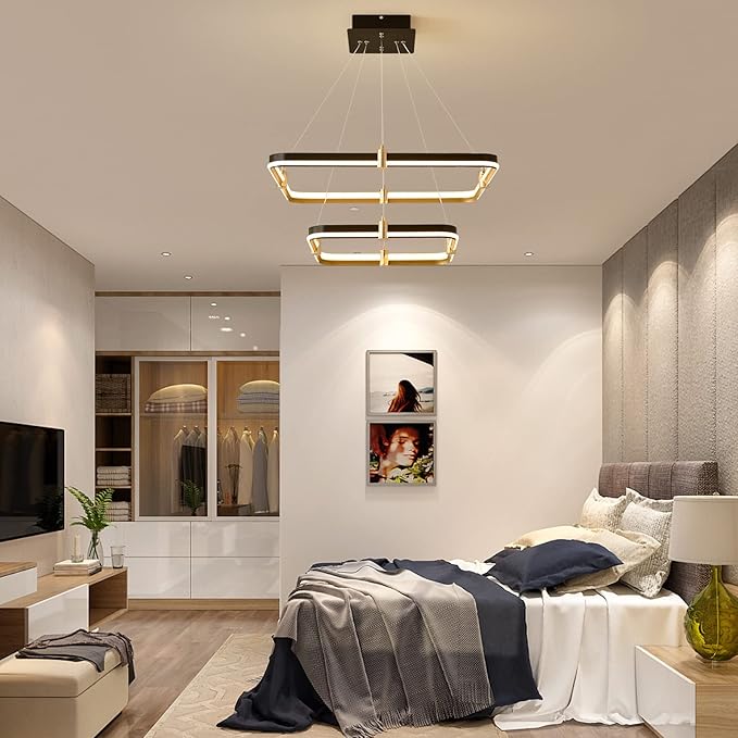 Siittoo Modern Black Chandelier Dining Room Light Fixture, 96W Dimmable LED Modern Pendant Light, 2-Ring Rectangular Chandelier Hanging Light Fixture for Kitchen Island Living Room Hall, Φ=24''+16''