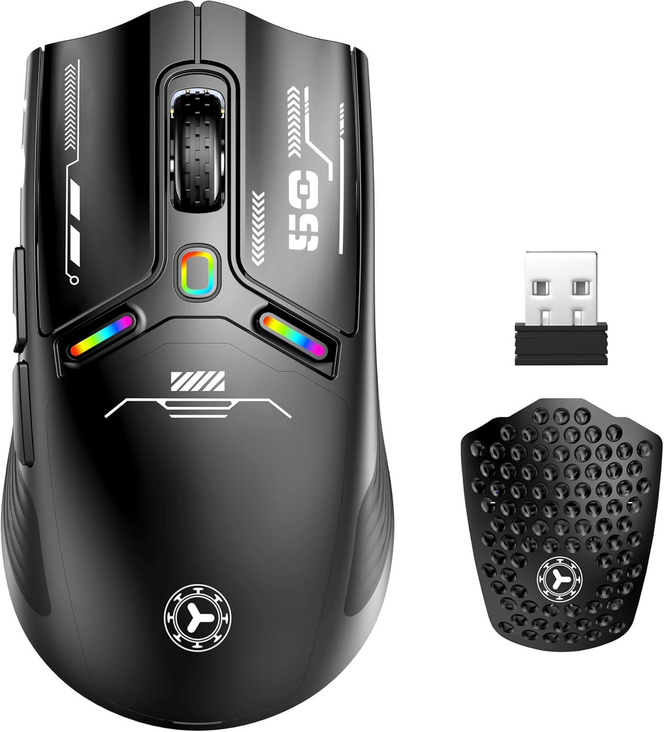 TENMOS M530 Wireless Gaming Mouse, 2.4G/Bluetooth/USB C Wired Rechargeable Mouse, 12000 DPI, RGB, 6 Programmable Buttons, Honeycomb Magnetic Cover, with Receiver Extender for Laptop/PC/Mac, Black