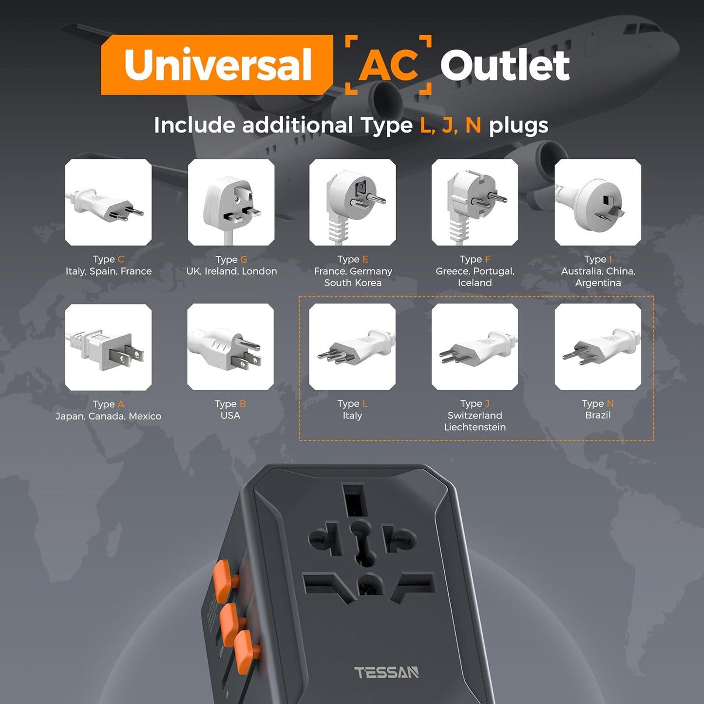 TESSAN Universal Travel Adapter, GaN 65W International Power Adapter with 5 USB Ports (3 USB C), Worldwide Plug Adaptor for US to Europe UK France Germany Spain Australia (Type C G A I), Black