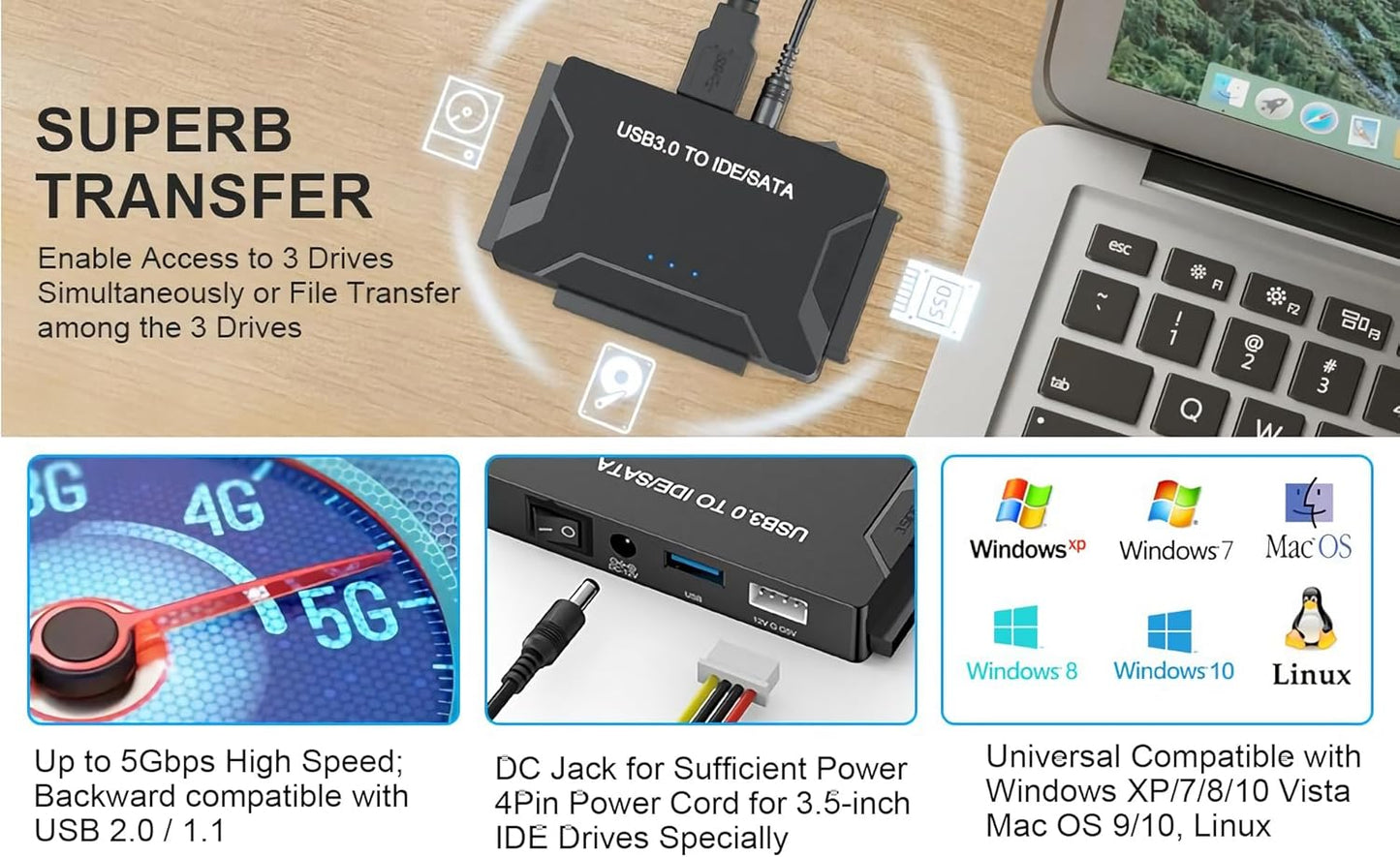 USB 3.0 to SATA IDE Adapter, Hard Drive Reader External Ultra Recovery Converter Compatible with 2.5" 3.5" HDD, SSD,5.25-inch DVD/CD-ROM Optical Drive Data Transfer with Power Supply
