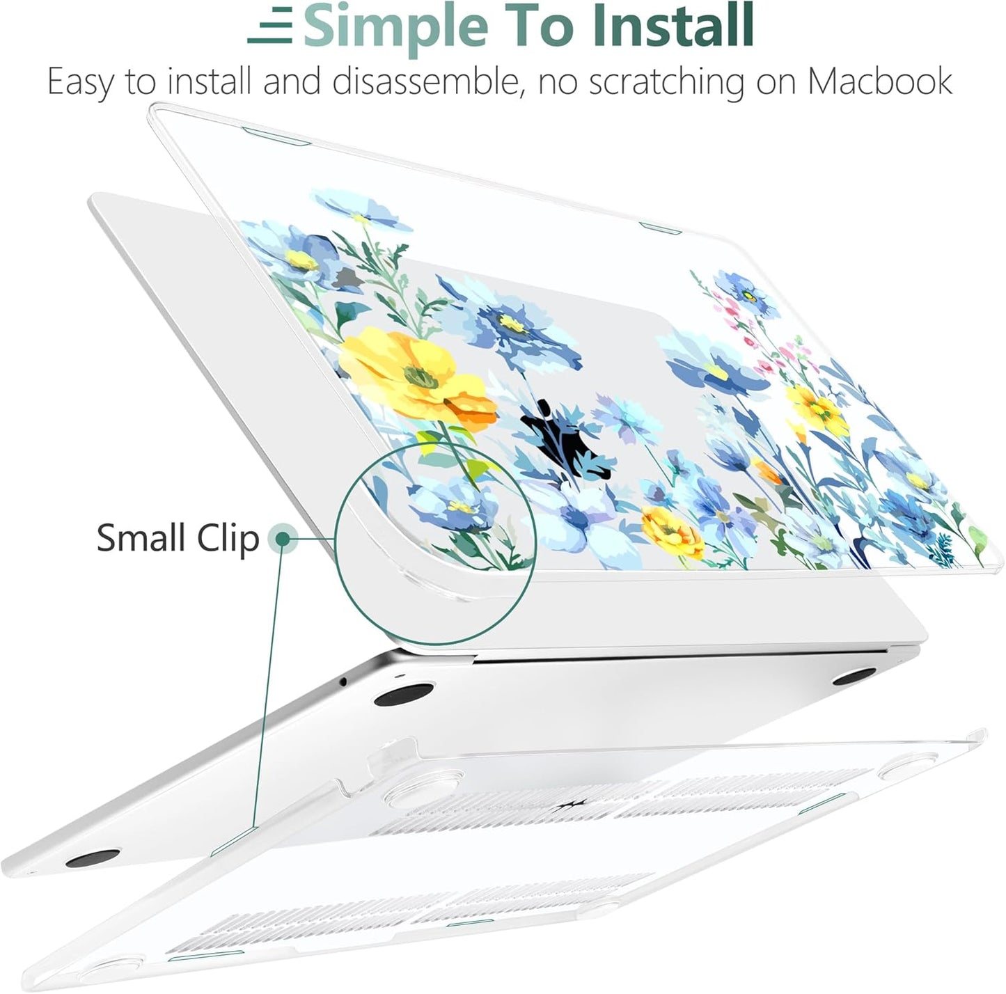 TWOLSKOO Compatible with M4 MacBook Air 15 inch Case 2025-2023 Released Model M4 A3241 M3 A3114 M2 A2941, Plastic Hard Shell & Screen Protector & Keyboard Cover & Type C Adapter, Blue Flowers