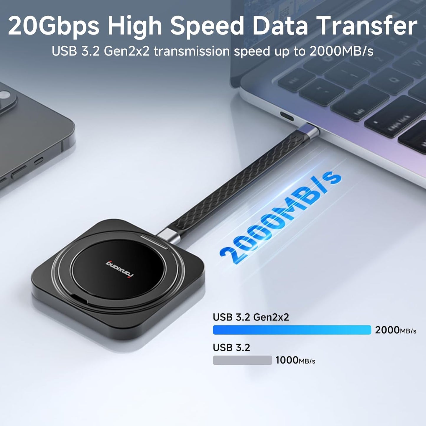 fanxiang 500GB Magnetic Portable SSD with 360° Rotating Stand, Up to 2000MB/s, USB-C 3.2 Gen 2x2 External Solid State Drive,Compatible with iPhone 15/16, Android,Mac, PC, and Tablets