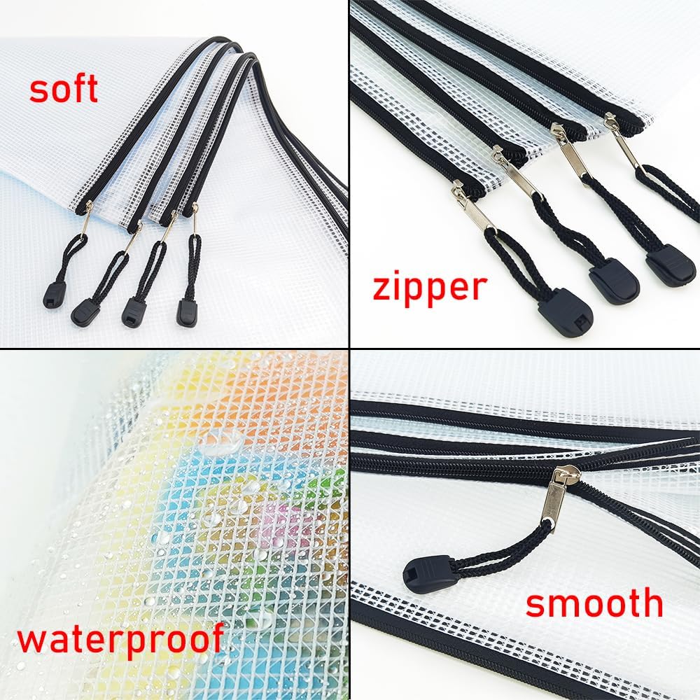 AUSTARK 20 Pcs Zipper File Bags, Plastic Mesh Pouch, Board Game Storage Bag, Waterproof Bags for Office School (A5 Size 9.2''x6.7'', White and Black)