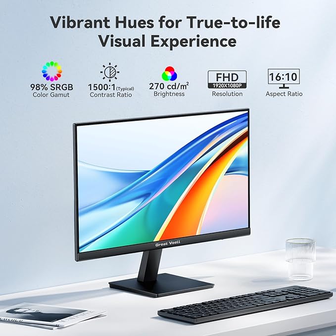 23.8 Inch Gaming Monitor, 75Hz/FHD(1920 * 1080) 1K Computer Monitor, Support HDMI/VGA Display, FreeSync, 99% sRGB, 1500:1 Contrast Ratio for Home Office & Gaming-Wall Mountable