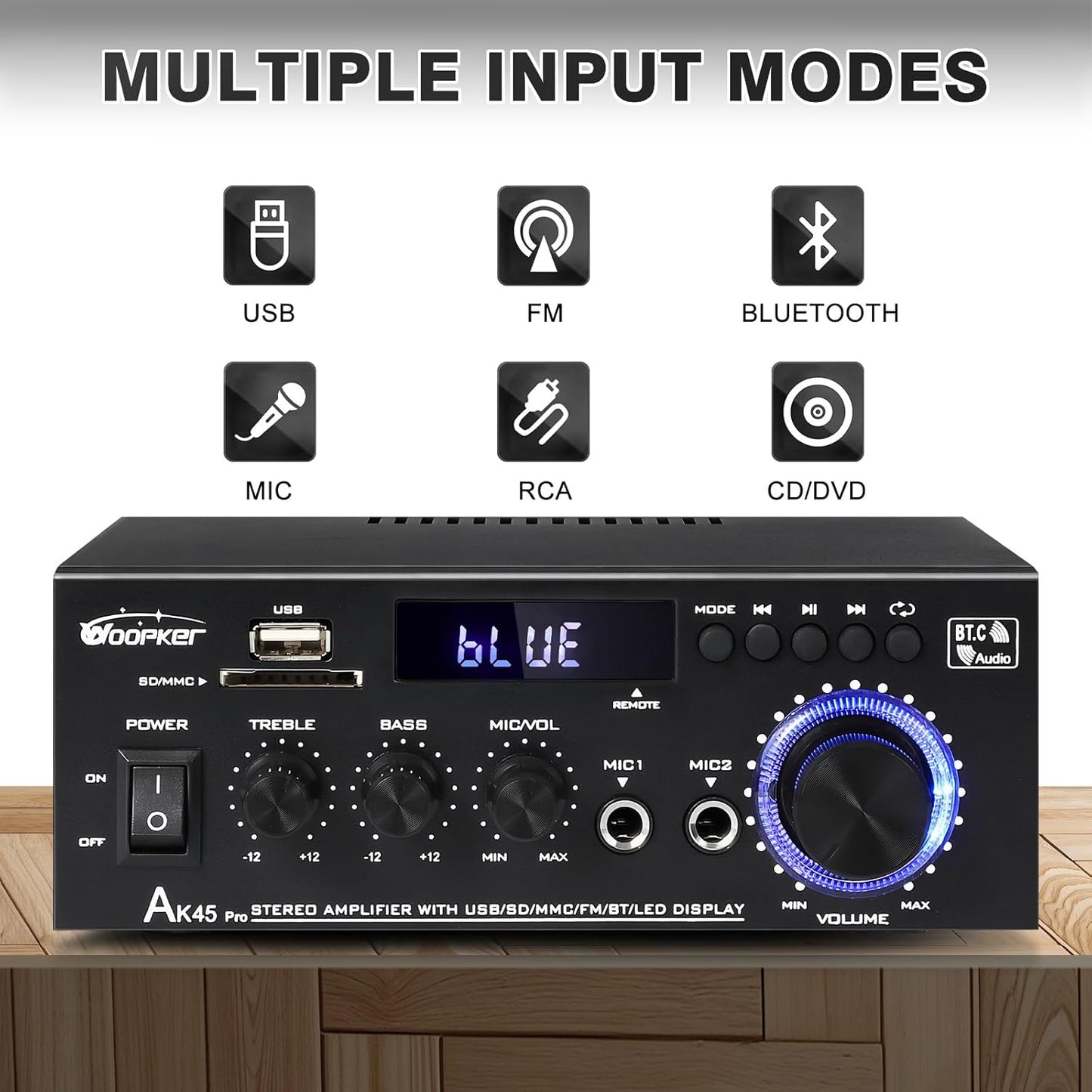 AK45Pro Stereo Receivers Amplifier Home Audio with Bluetooth 5.3, 400W,2.0 Channel Power Stereo Amplifier with USB,SD,RCA,FM,2MIC in for Home Theater Speakers,Home Amplifier with Remote Control
