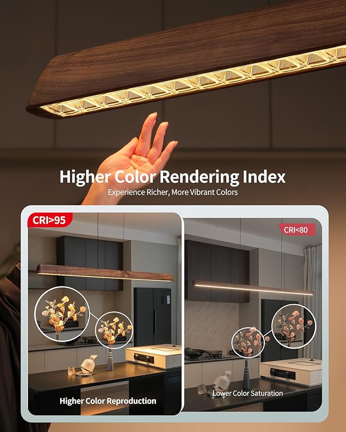 57" Wood Linear Pendant Light, Dimmable Kitchen Island Lighting with Remote, 30W LED Island Lights for Kitchen, Adjustable Linear Chandelier for Dinning Room Light Fixture, Bar, Pool Table Light