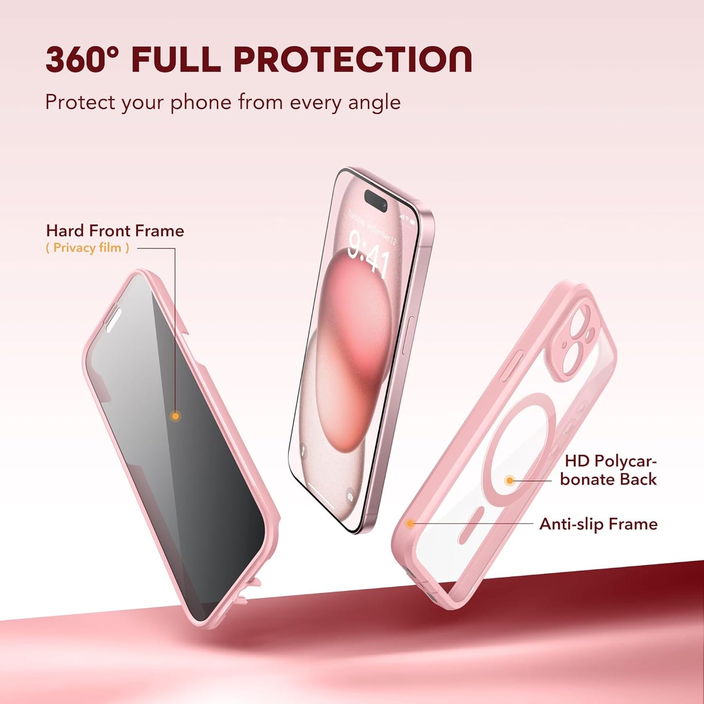 Magnetic for iPhone 15 Case, Compatible with MagSafe, Built-in Privacy Screen Protector and Camera Protection, Anti Spy Full Body Dustproof Shockproof Hard Phone Case 6.1", Pink