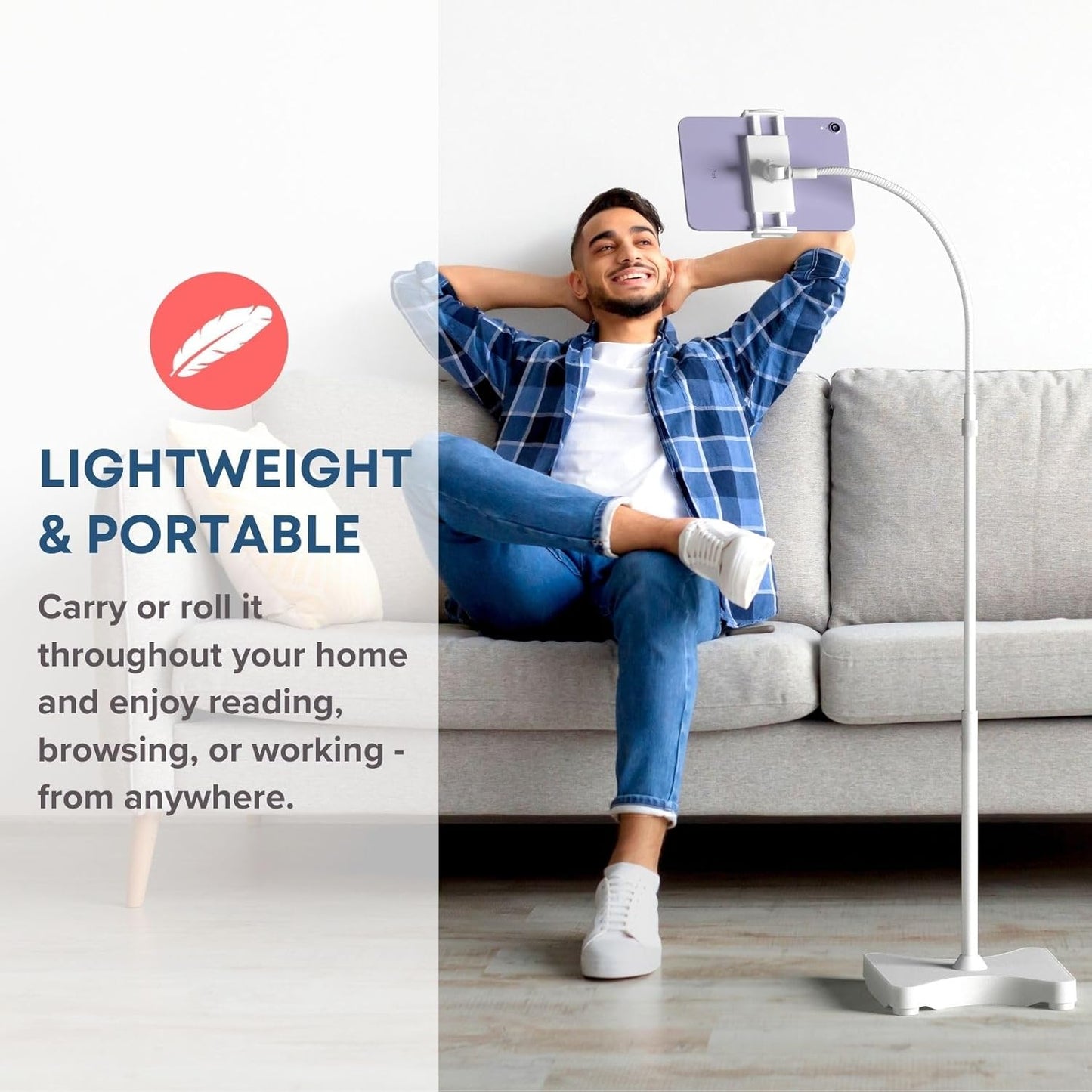 LEVO Adjustable Height Floor Stand for Tablet & Phone - Gooseneck Holder Mount with Stable Base - Compatible with All Cell Phones & Tablets (4-13 inch) - White