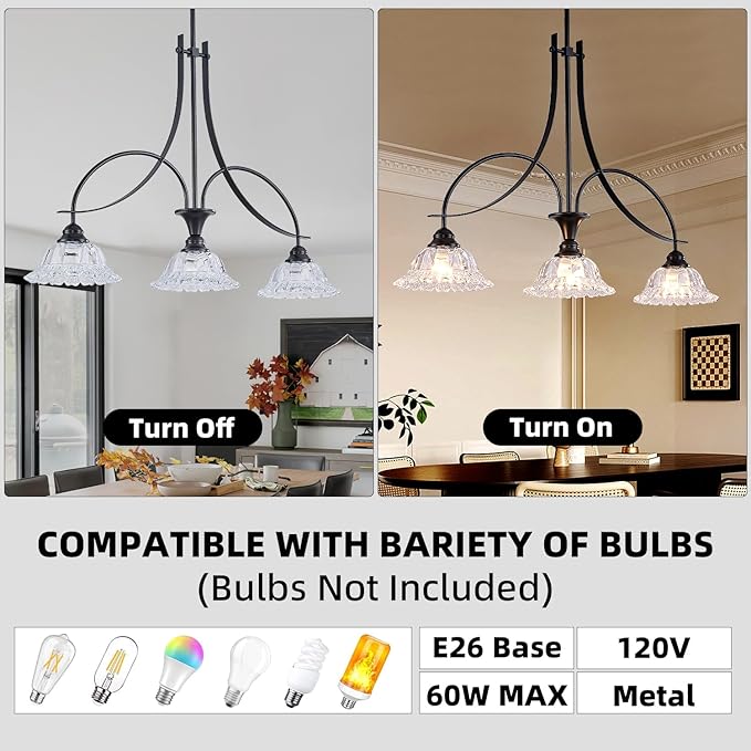 Vintage Pendant Light Fixtures for Kitchen Island,3-Light Black Dinner Room Chandelier with Flower Lampshade, Adjustable Height Hanging Light Fixture for Hallway Entryway