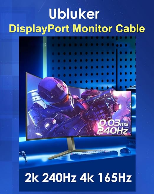 10K 8K DisplayPort 2.1 Cable 54Gbps 1.64 FT, Certified DP to DP Cord 4K 240Hz 165Hz 144Hz 120Hz 10K 8K 120Hz Nylon Braided UHBR HDCP2.3 FreeSync G-Sync RTX5090 Gaming Monitor PC Projector