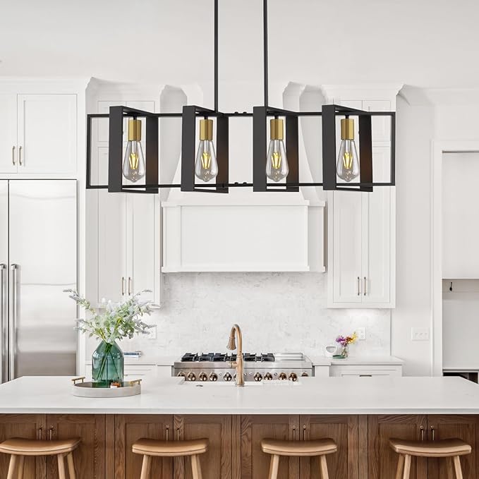 4-Light Black Rectangular Farmhouse Chandelier, 31.4inch Kitchen Island Pendant Light, Industrial Metal Linear Hanging Lighting Fixture for Dining Room, Living Room, Over Table, Foyer, Bar
