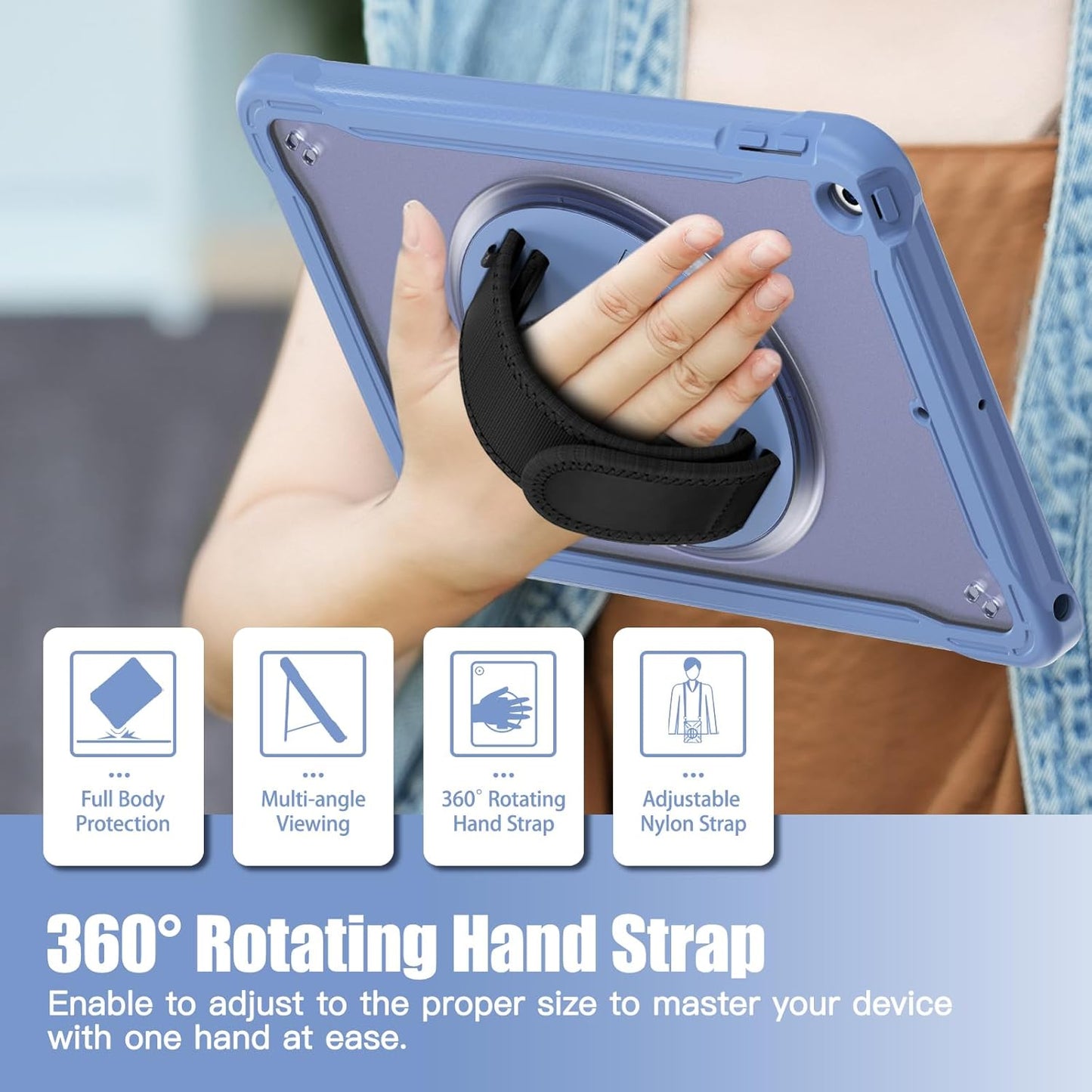 ZenRich Clear Case for iPad 9th/8th/7th Generation 10.2 inch 2021/2020/2019, Shockproof Slim Hard Case with Pencil Holder/360°Rotating Kickstand/Handle/Carrying Strap, LavenderGrey