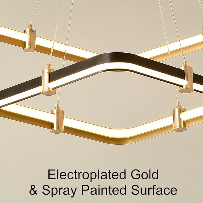 Siittoo Modern Black Chandelier Dining Room Light Fixture, 96W Dimmable LED Modern Pendant Light, 2-Ring Rectangular Chandelier Hanging Light Fixture for Kitchen Island Living Room Hall, Φ=24''+16''