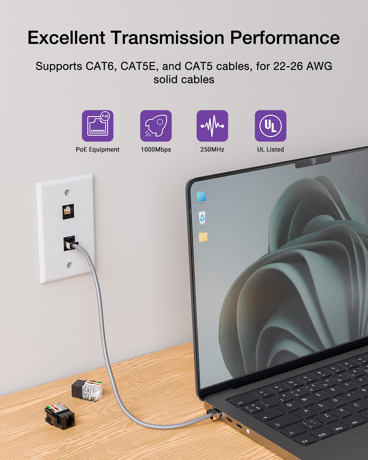 VCE RJ45 Cat6 Keystone Jacks UL Listed 50-Pack, UTP Ethernet Keystone Jacks with Keystone Punch Down Stand Tool and Wire Stripper Cutter, Black