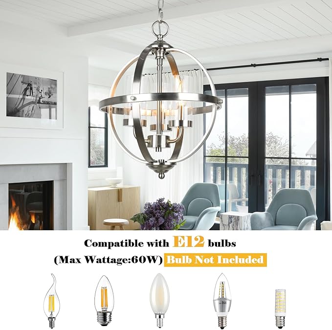 Treekee Chandeliers for Dining Room, 13.4'' Nickel Modern Orb Chandelier, 3-Light Hanging Light Fixture, Adjustable Pendant Light Fixture for Living Room Entryway Foyer