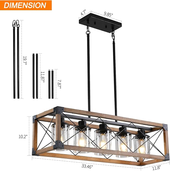 Rustic Hanging Lights Fixture Farmhouse Chandeliers for Dining Room Kitchen Island Light Fixtures 5-Light Wood Chandelier Over Dining Table with Clear Glass Shade-Oak