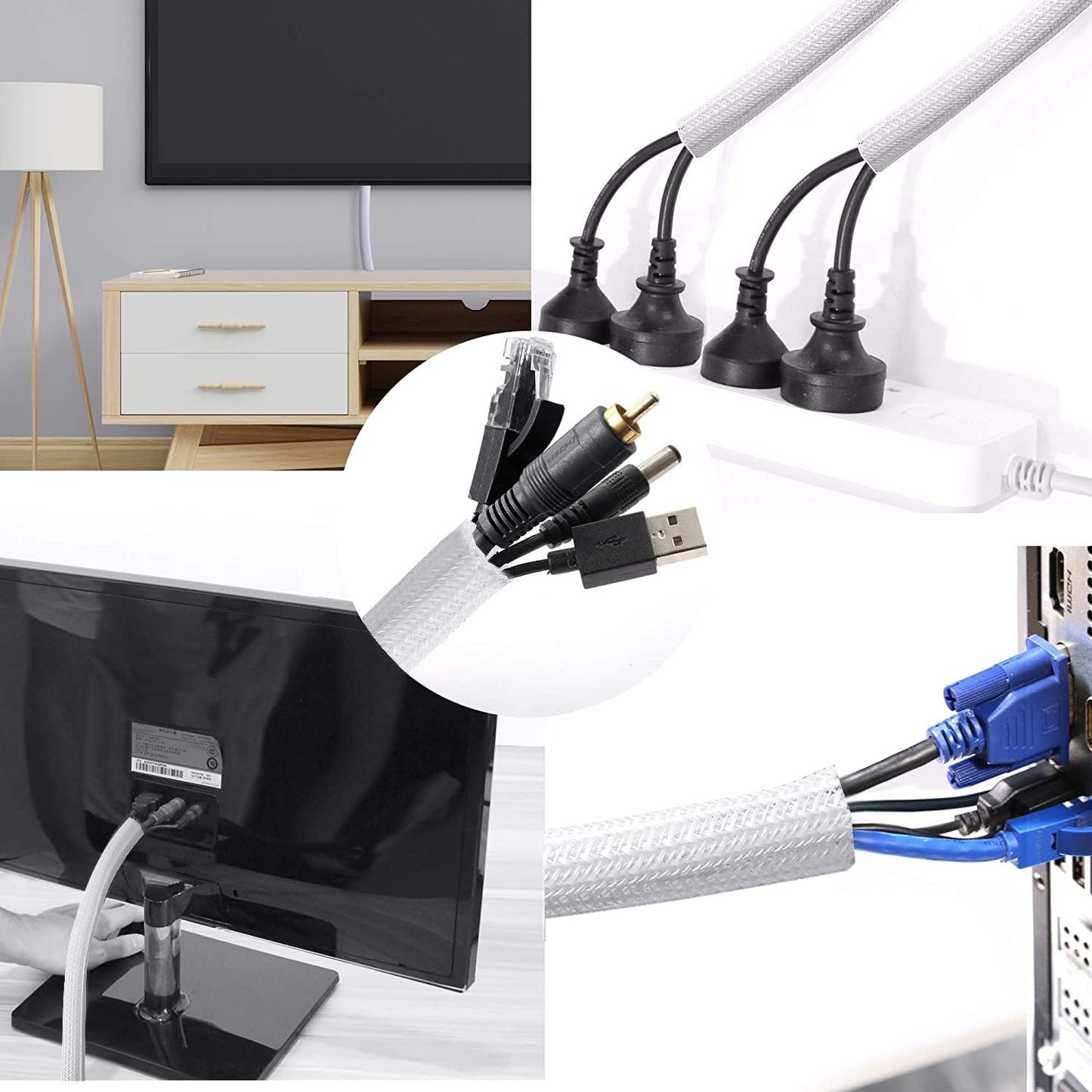 CrocSee 10ft - 3/8 inch Braided Cable Management Sleeve Cord Protector - Self-Wrapping Split Wire Loom for TV/Computer/Home Theater/Engine Bay - White