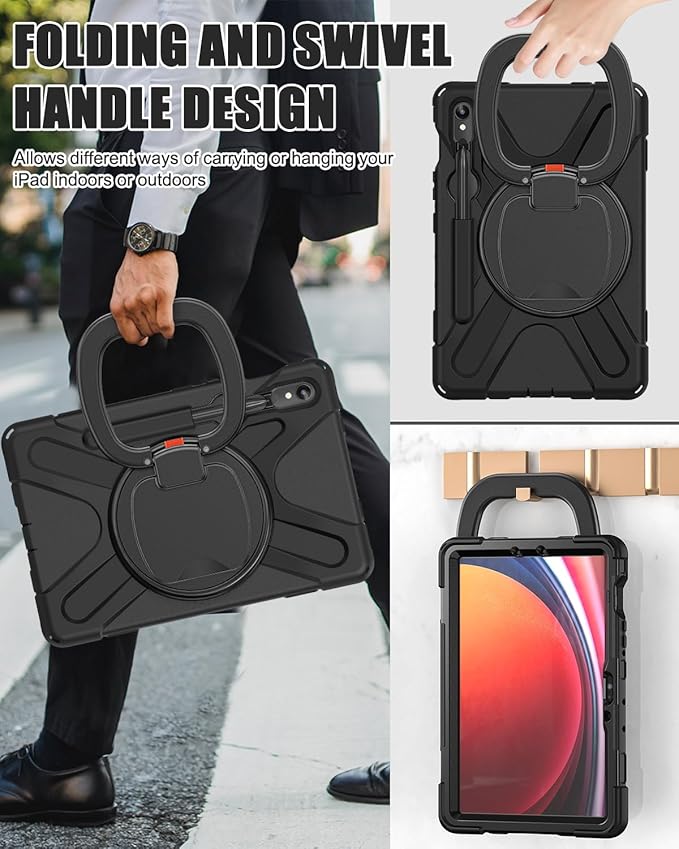 BRAECN Rugged Case for Samsung Galaxy Tab S10 Lite/S10 FE/S9 FE 10.9" & S9/S8/S7 11" SM-X400/X520/X510/X710 | Heavy Duty Shockproof Silicone Cover with Kickstand, Shoulder Strap & S Pen Holder, Black