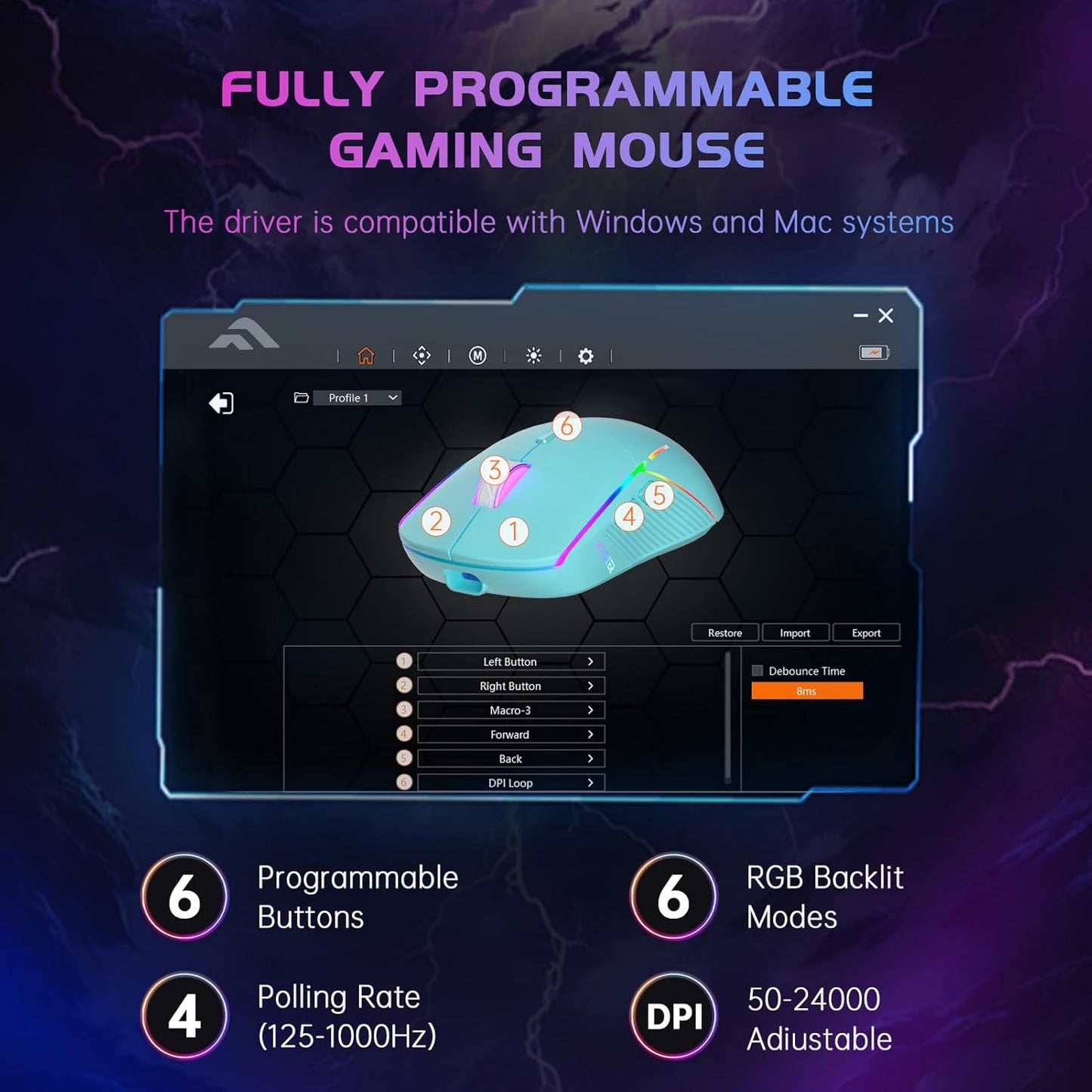 FFJ Wireless Gaming Mouse, 24000 DPI, Tri-Mode 2.4G/USB-C/Bluetooth 5.3 Gaming Mouse Wireless, RGB Programmable Mouse Gamer, 75Hrs Battery Life, Rechargeable Gaming Mice for PC, Mac, PS5, Xbox - Mint