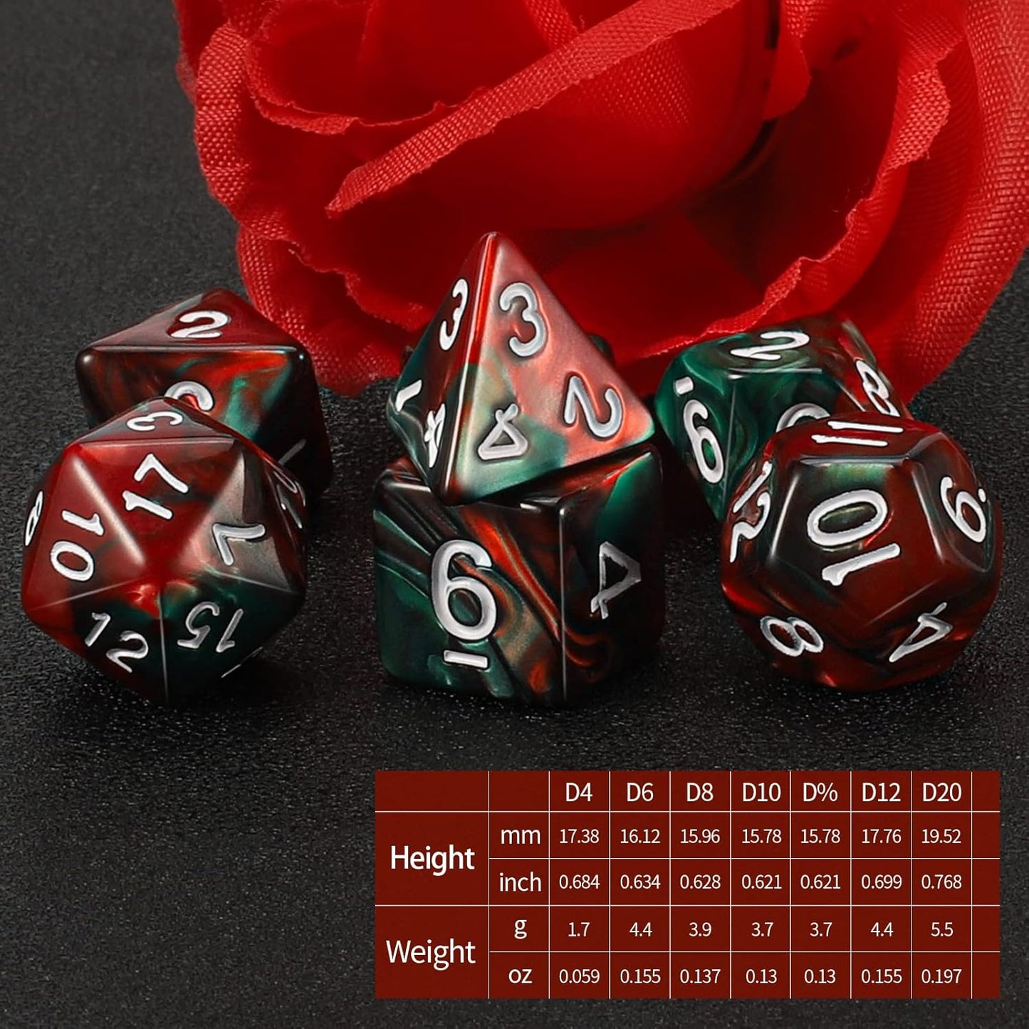 QMAY DND Dice Set - Polyhedral Dice (Red Mix Green) 7 Pcs for Dungeon and Dragons D&D RPG Role Playing Games Dice with Dice Bag