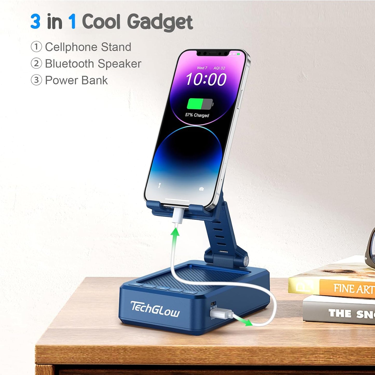 TechGlow Gifts for Men Women Foldable Cellphone Stand with Bluetooth Speaker and Power Bank Birthday Gift Idea for Mom Dad Cool Gadget Tech Gifts-Blue