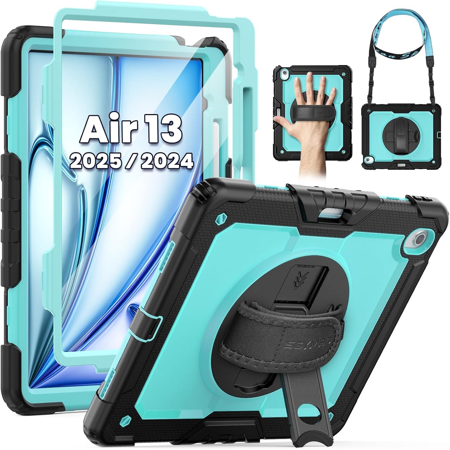 SEYMAC for iPad Air 13 Inch Case M3 2025/ M2 2024, Heavy Duty Shockproof Protective Case with Screen Protector, 360° Rotating Stand, Hand/Shoulder Strap and Pen Holder for iPad Air 13, Light Blue