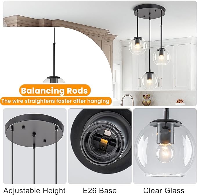 3-Light Black Modern Cluster Pendant Light, Adjustable Height Glass Globe Hanging Chandelier, E26 Base Ceiling Light Fixture for Kitchen Island Dining Room Living Room