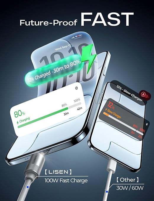 LISEN USB C Cable 10FT, Chubby 100W USB C to USB C Fast Charging Cable, Soft Silicone Long USBC to USBC for iPhone 17 Air 16 15 Pro Max, Samsung S25, MacBook Pro/Air, Switch 2, iPad