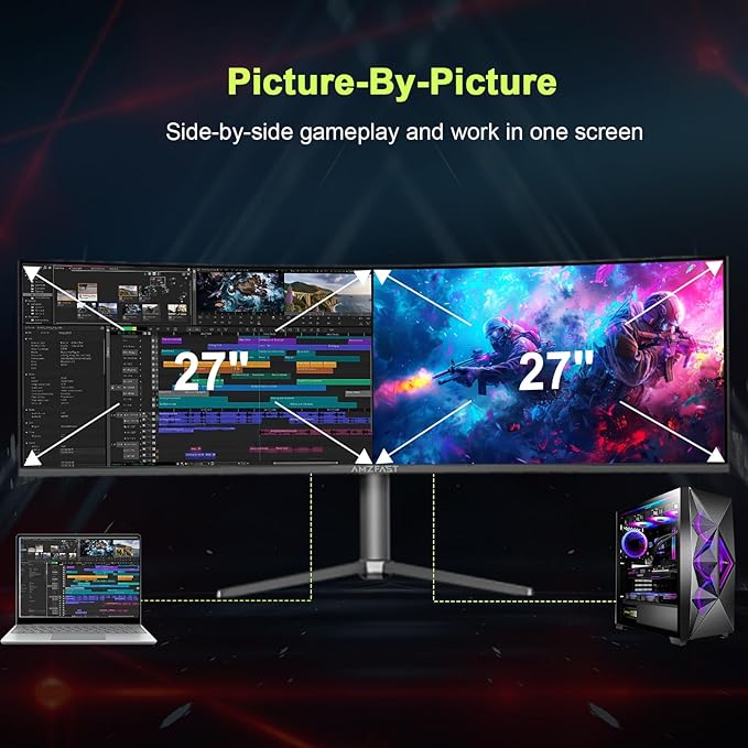 Amzfast 49 Inch Curved Monitor 120Hz DQHD 5120x1440p Ultrawide Gaming Monitor, 120% sRGB, 1500R, 1ms MPRT, HDR10, Adaptive Sync, PIP/PBP, Height Adjustable, HDMI 2.0/DP 1.4, VESA 75x75, AMZG49C7U