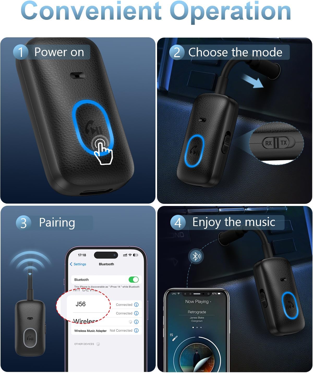 Upgraded Aux Bluetooth Adapter for Car, 2 in 1 Bluetooth 5.3 Transmitter Receiver, Hands-Free Calls, 180° Swivel Bend, Wireless Audio Receiver for Car, Speakers, Home Stereo